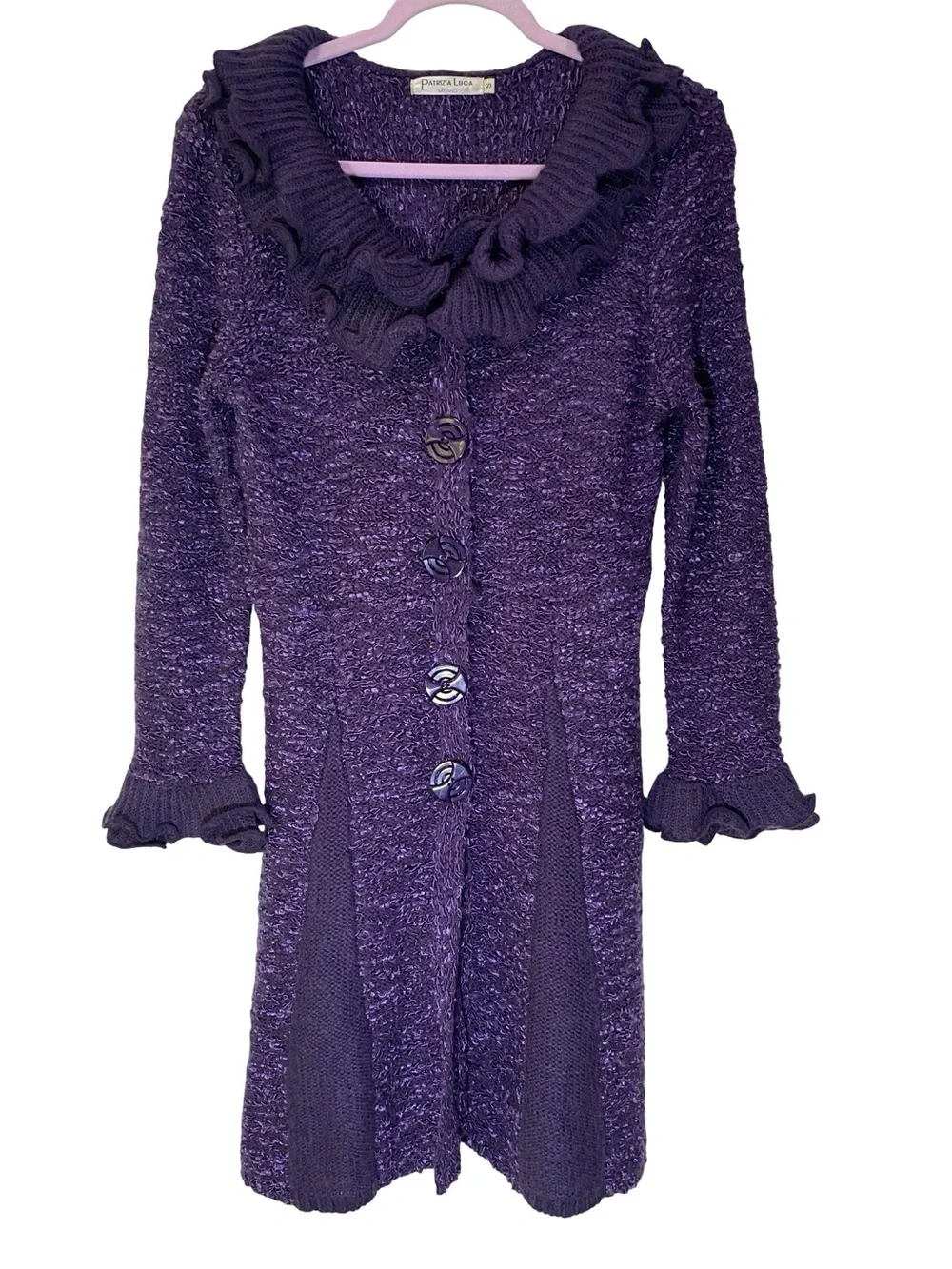 Patrizia Luca Purple Textured Knit Ruffle Longline Cardigan Sweater Coat Size S